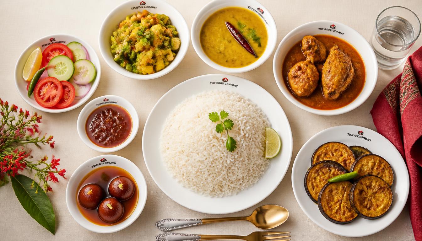 A spread of healthy Bengali corporate lunch with rice, dal, curry, salad and sweets